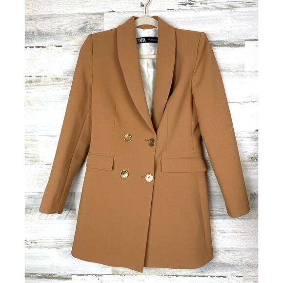 Zara Women’s S Camel Double Breasted Frock Coat Lined Long Blazer Jacket NEW - Picture 2 of 7